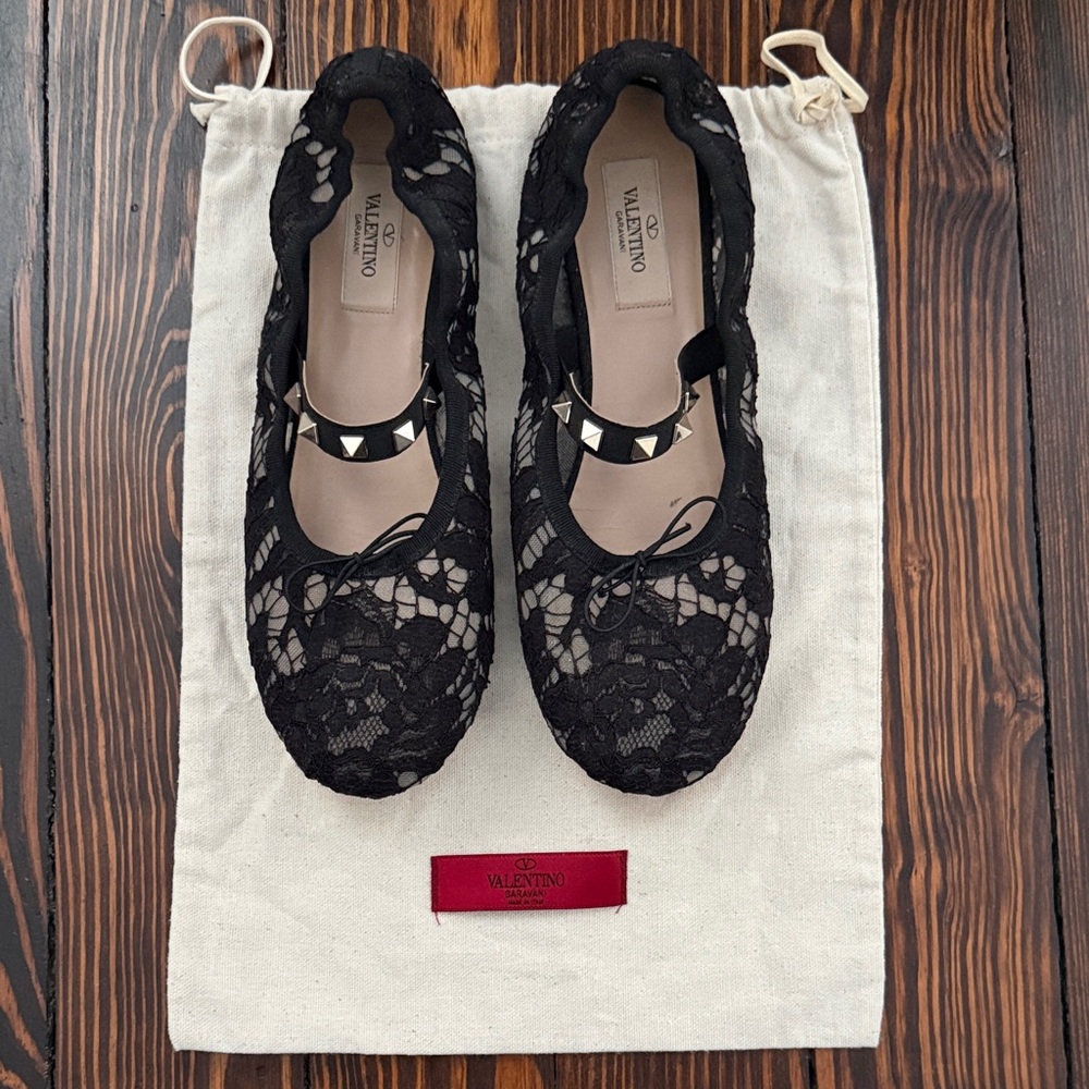 Valentino Garavani Black Lace Ballet Flats with Silver Rock Studs